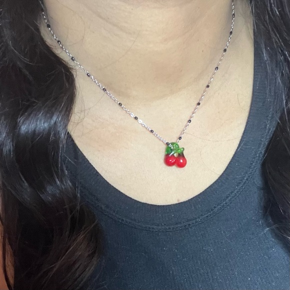 FRUIT SERIES Handmade Glass Cherry Charm Enamel Beaded Necklace - Picture 2 of 2